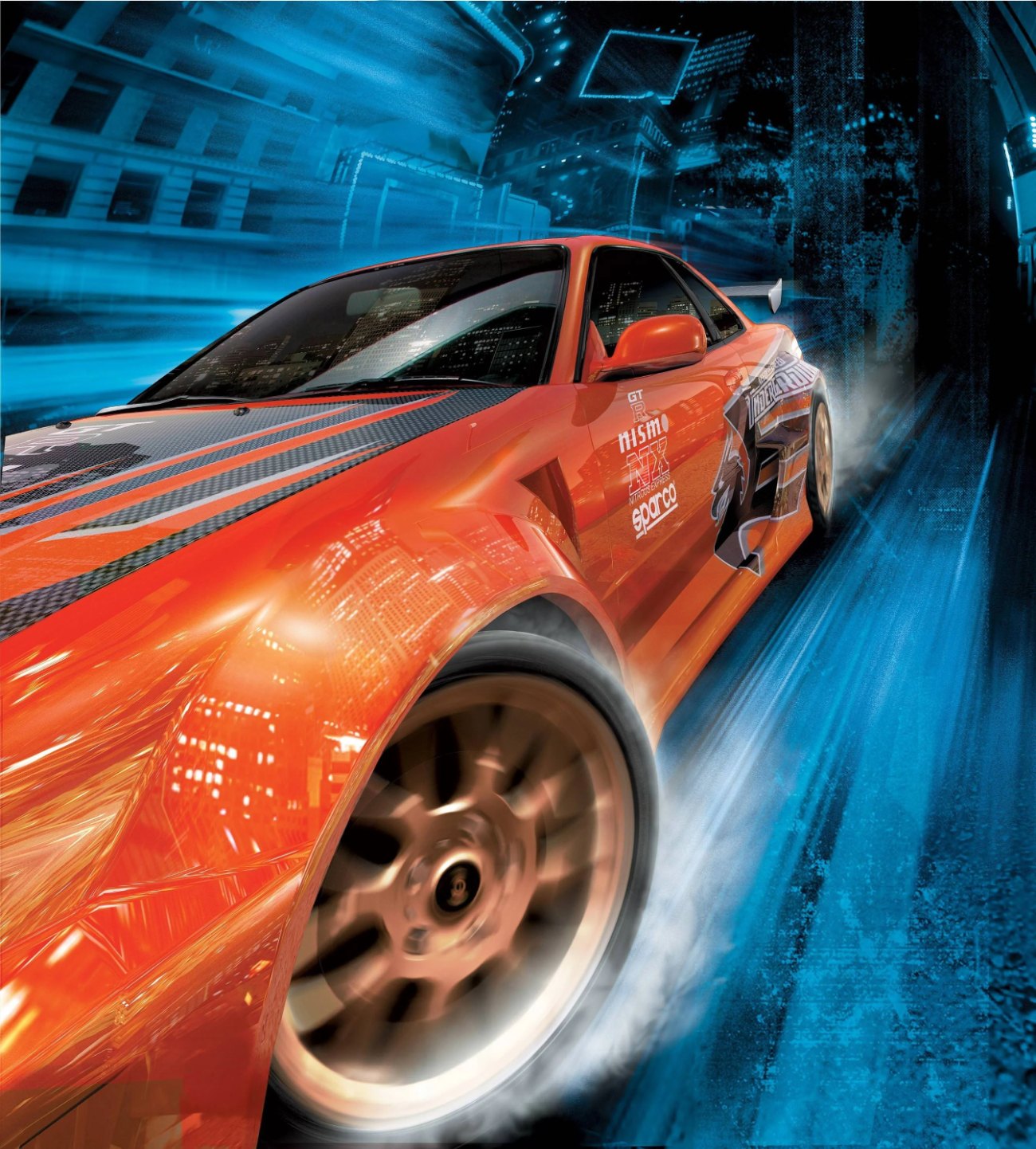 Need for Speed Underground key art — a tuned coup&eacute; drifting through a neon city street