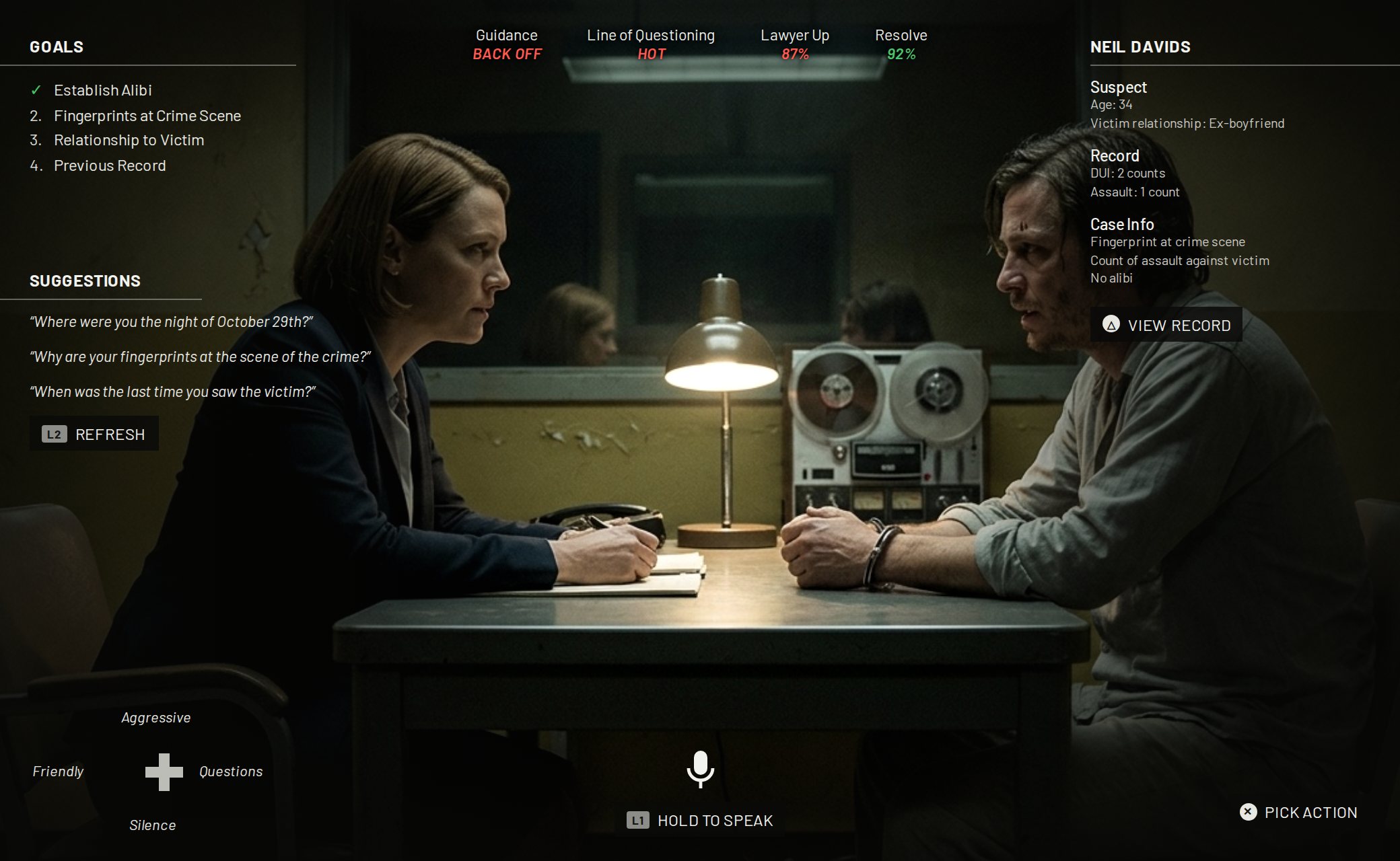 Bloodhounds mockup: an agent questions a handcuffed suspect across a table, with goals, suggested questions, his file and hold to speak