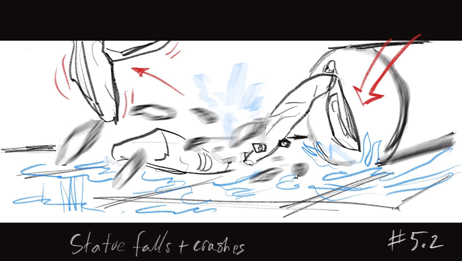Copper storyboard: a statue falls and crashes