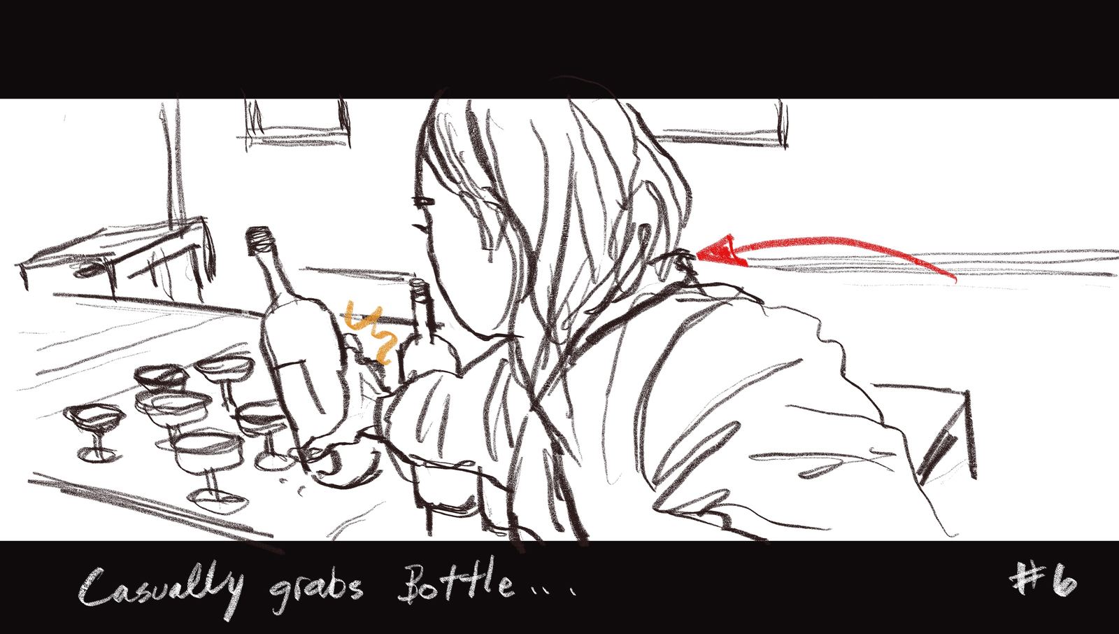 Copper storyboard: she casually grabs a bottle