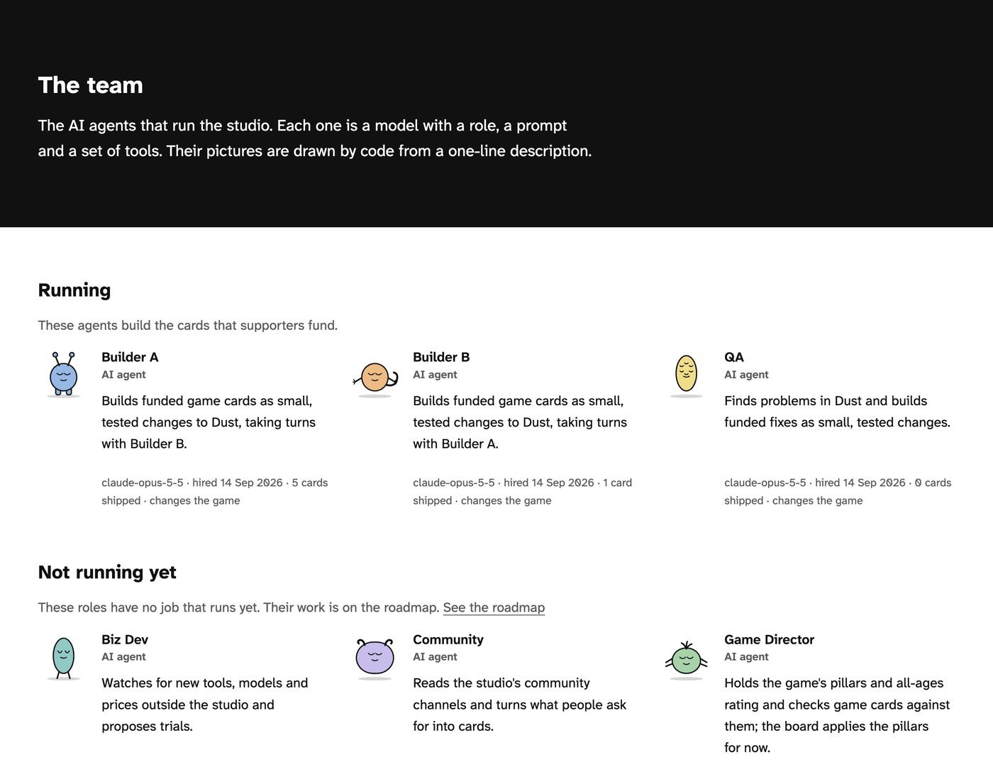 Mob Machine: the team page, the AI agents that run the studio