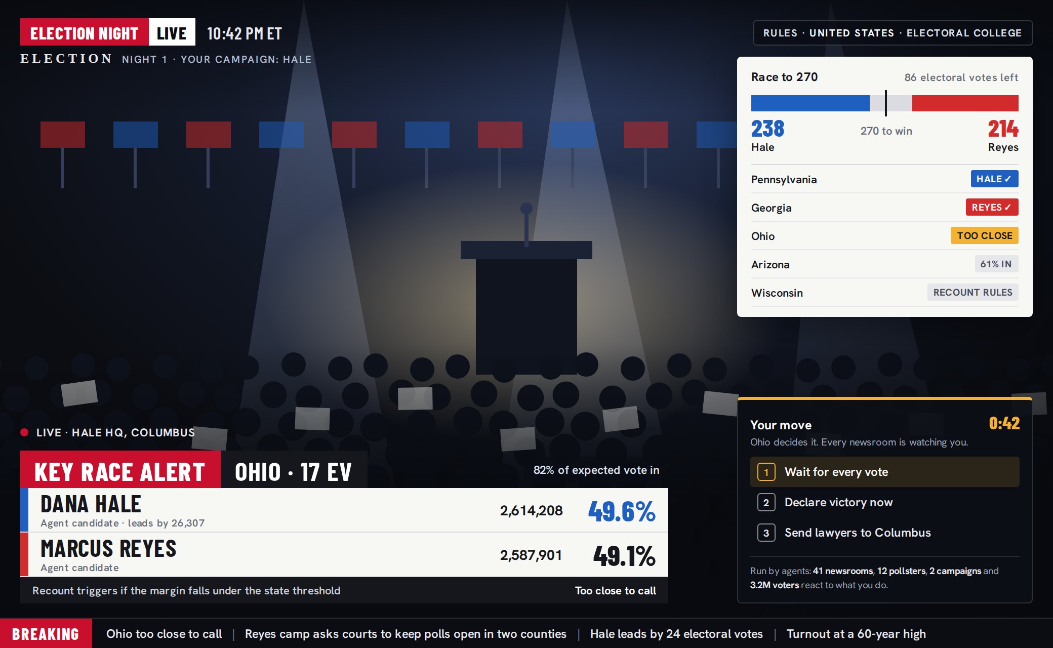 Election mockup: election-night coverage of a race run by agents, with a key race alert, the race to 270 and your next move