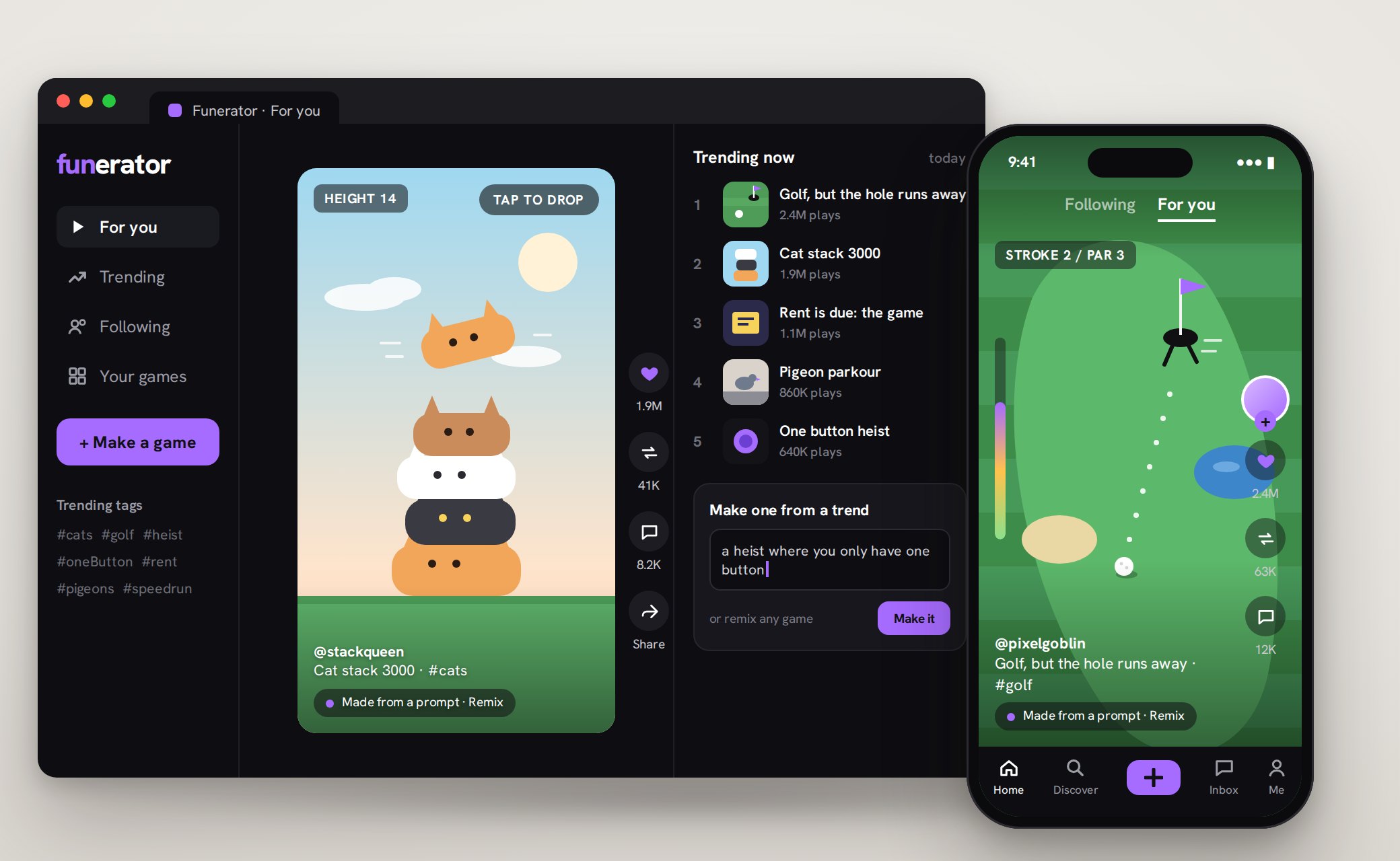 Funerator mockup: a feed of AI-made games on desktop and phone, with trending games and a prompt to make your own