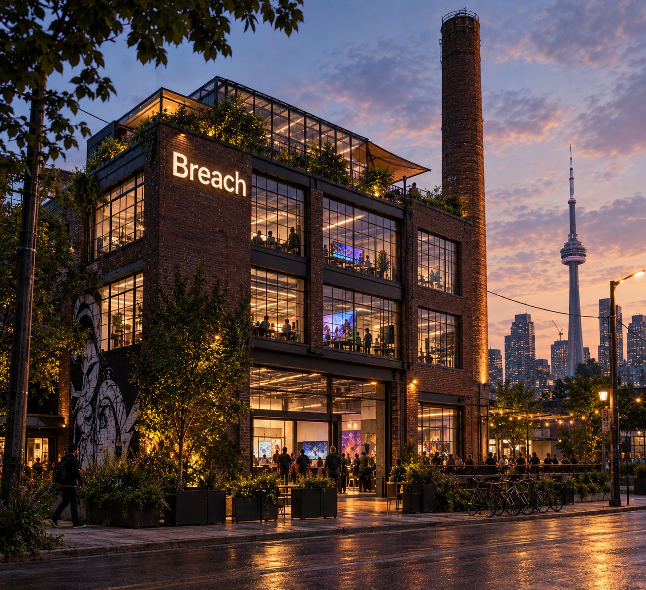 Concept of the Toronto flagship: a lit brick warehouse with a glass rooftop at dusk, people playing inside and on the patio, the CN Tower behind