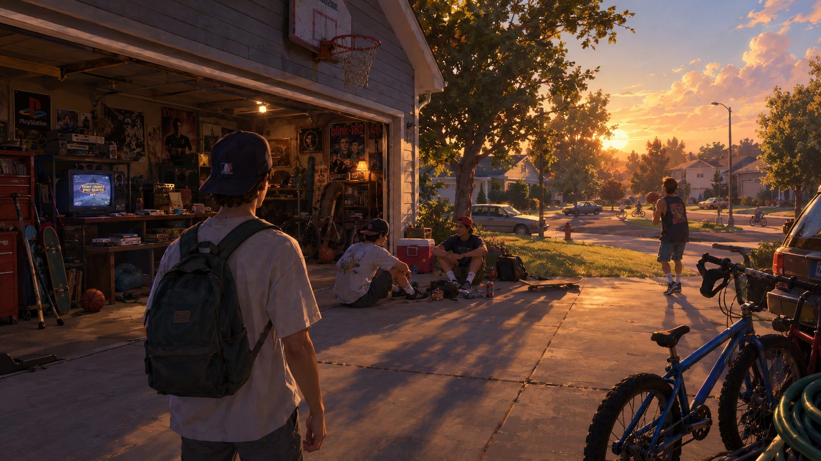 Latchkey key art: friends hang out by an open garage at sunset