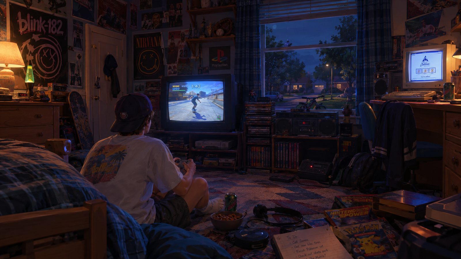 Latchkey key art: a kid plays a skateboarding game in his bedroom at night