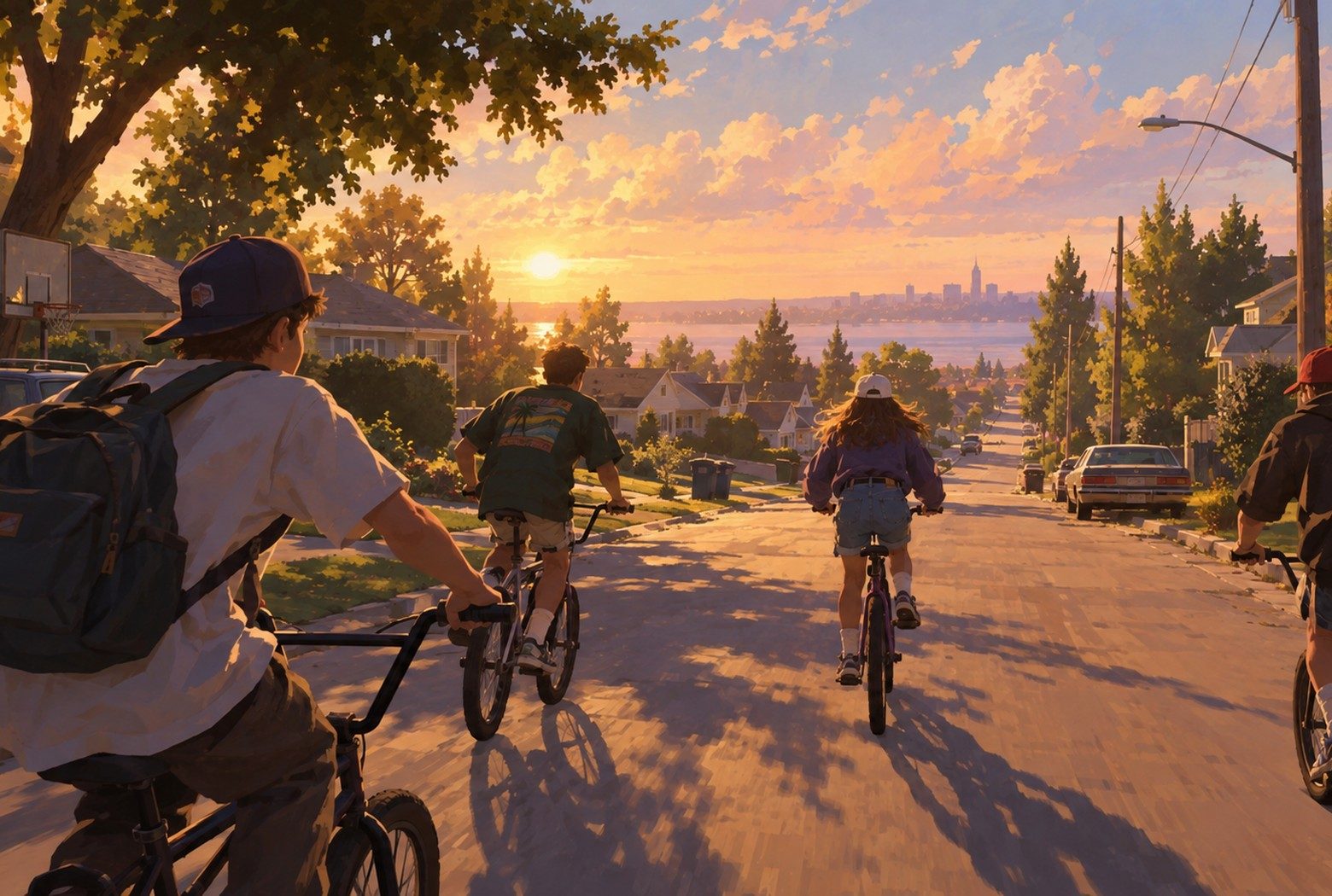Latchkey key art: kids riding bikes down a suburban street at sunset